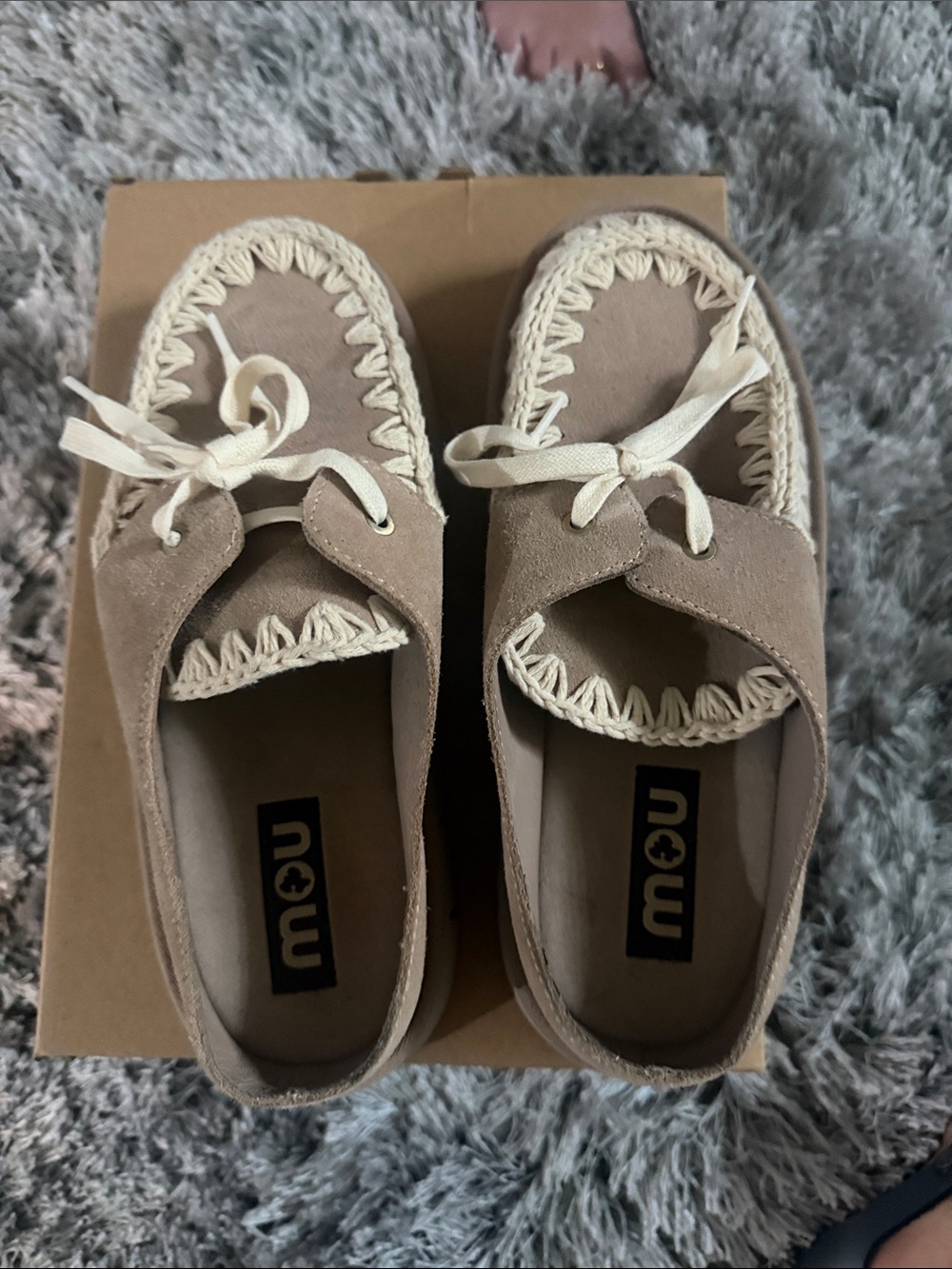 Mou Women's Taupe Suede Moccasins with Cream Braided Trim